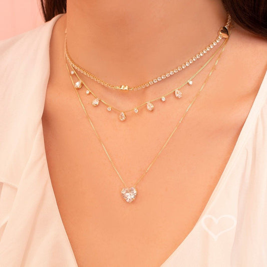 Conjunto Colar e Brinco Lelê Coração Zircônia Folheado a Ouro 18k