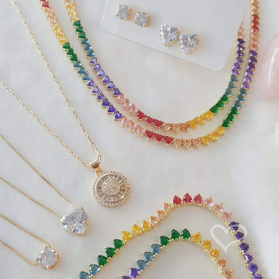 Conjunto Colar e Brinco Lelê Coração Zircônia Folheado a Ouro 18k