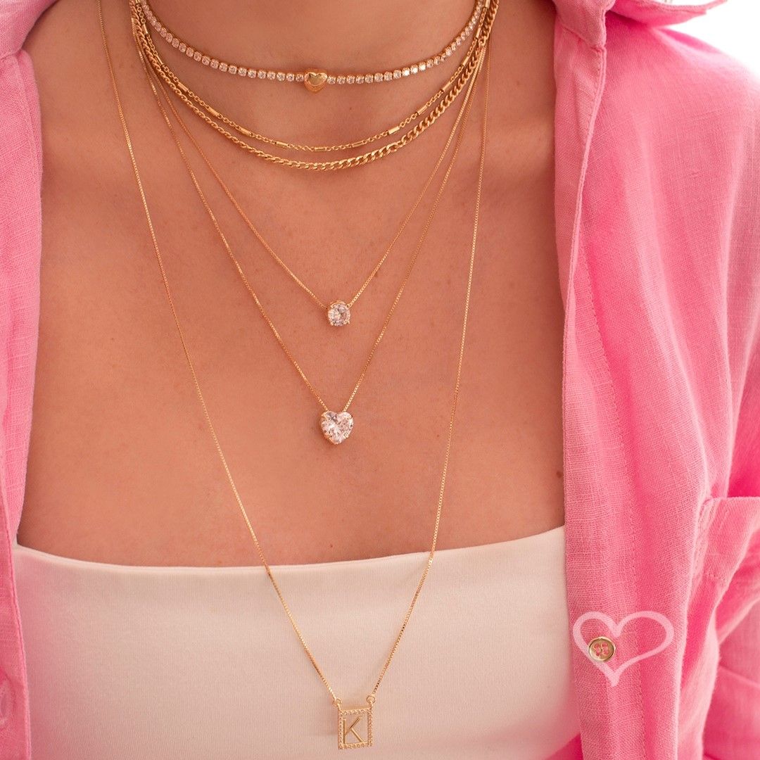 Conjunto Colar e Brinco Lelê Coração Zircônia Folheado a Ouro 18k