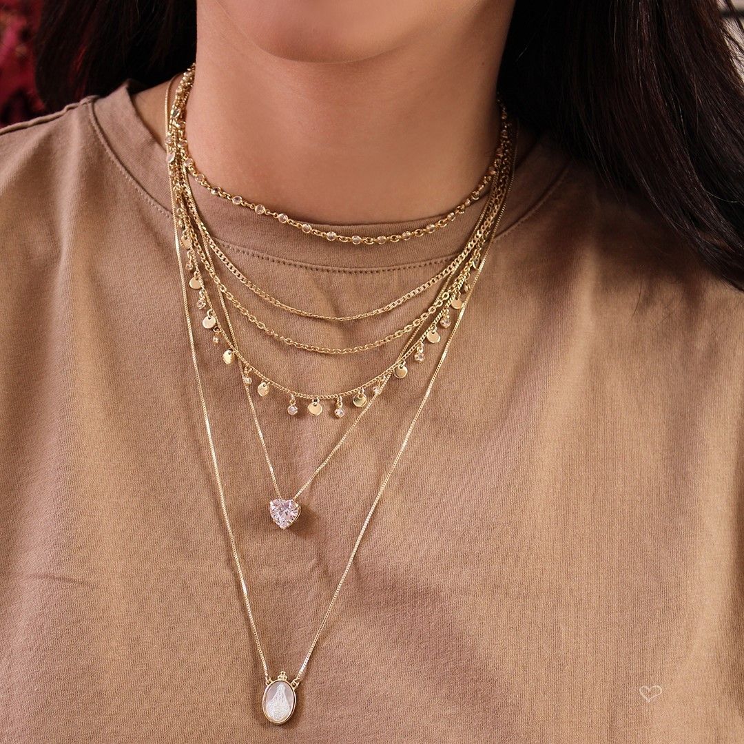 Conjunto Colar e Brinco Lelê Coração Zircônia Folheado a Ouro 18k