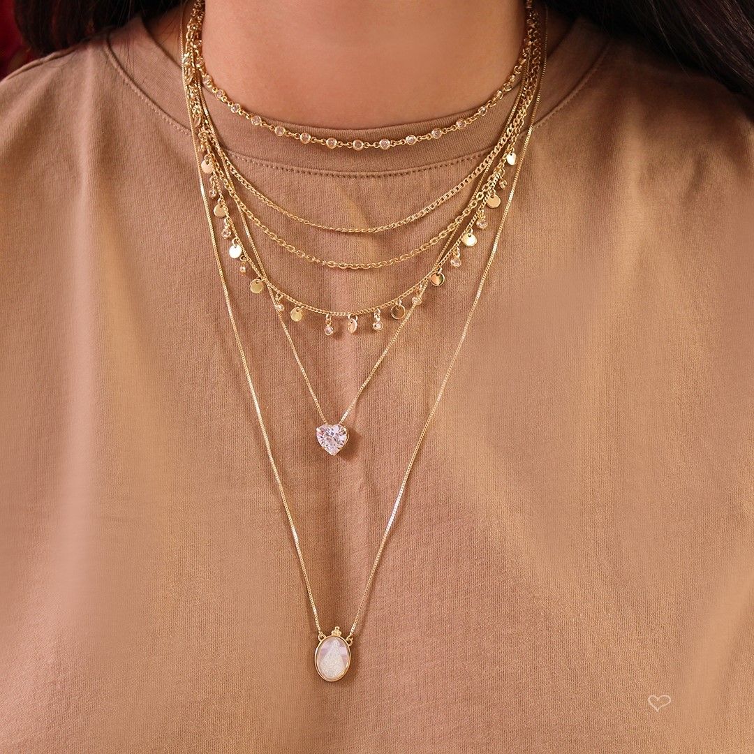 Conjunto Colar e Brinco Lelê Coração Zircônia Folheado a Ouro 18k