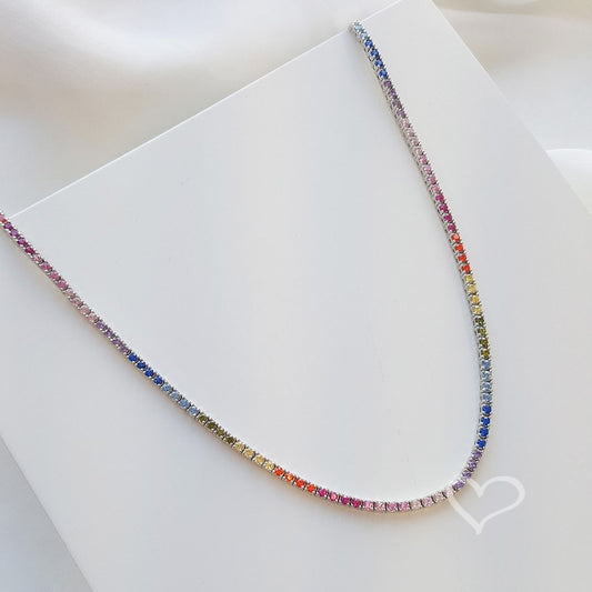 Colar Riviera Celine 45 cm Zicônias Coloridas Prata 925 Banhado em Ródio Branco