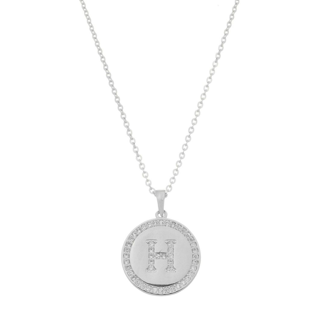 Colar Medalha Thassia Letra Nome Zircônias Folheado em Ródio Branco