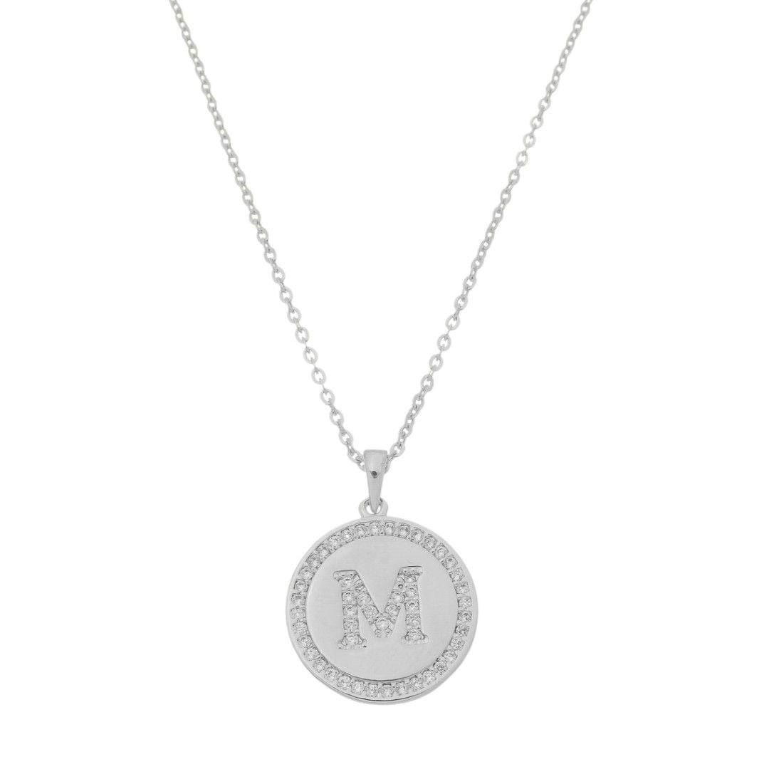Colar Medalha Thassia Letra Nome Zircônias Folheado em Ródio Branco
