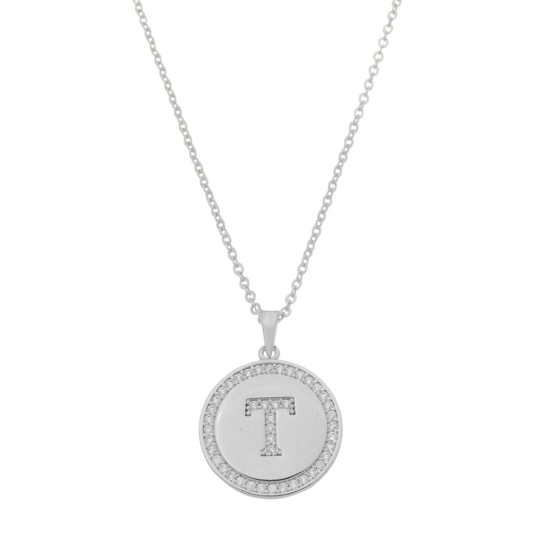 Colar Medalha Thassia Letra Nome Zircônias Folheado em Ródio Branco