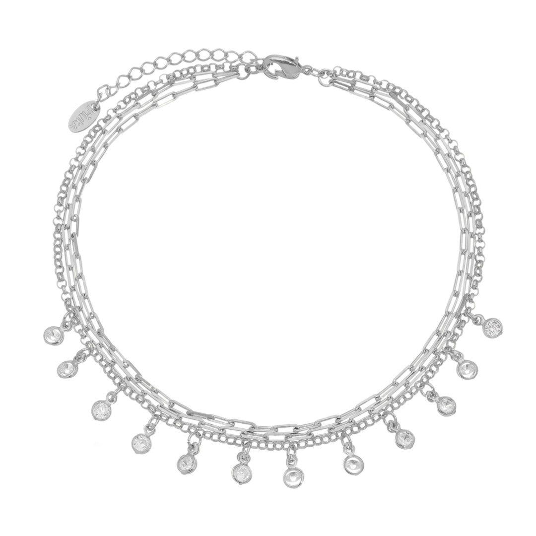 Tornozeleira 3 Voltas Malu Zircônias Folheada em Ródio Branco