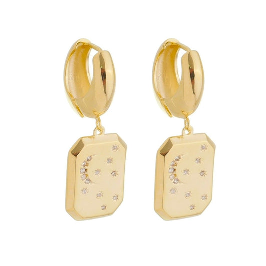 Brinco de Argolinha Centauri Placa Lua e Estrela Zircônias Folheado a Ouro 18k