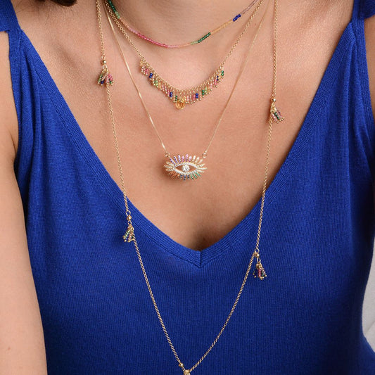 Colar Longo Amy Zircônias Coloridas Folheado a Ouro 18k