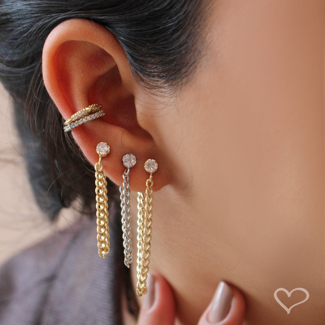 Brinco Ear Line Yara M Ponto de Luz Zircônia Folheado em Ródio Branco