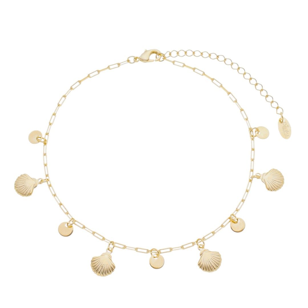 Tornozeleira Coral Conchas e Medalhas Folheada a Ouro 18k