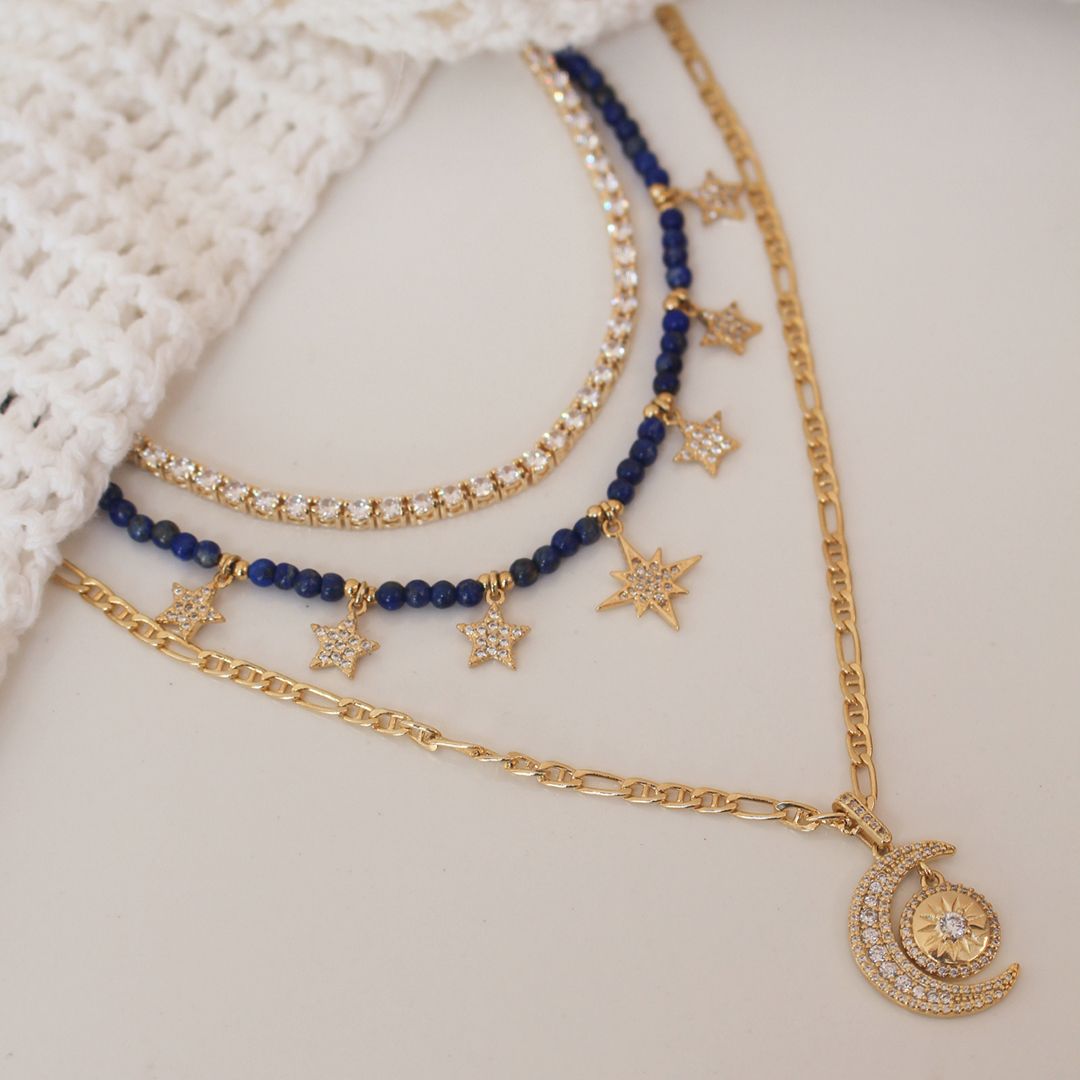 Choker Auria Mini Estrelas Zircônias Safira Folheada a Ouro 18k