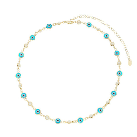 Choker Atena Olho Grego Pérolas Folheada a Ouro 18k