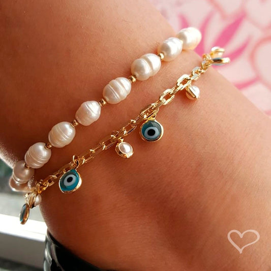Tornozeleira Kássia Olho Grego Pérolas Folheada a Ouro 18k