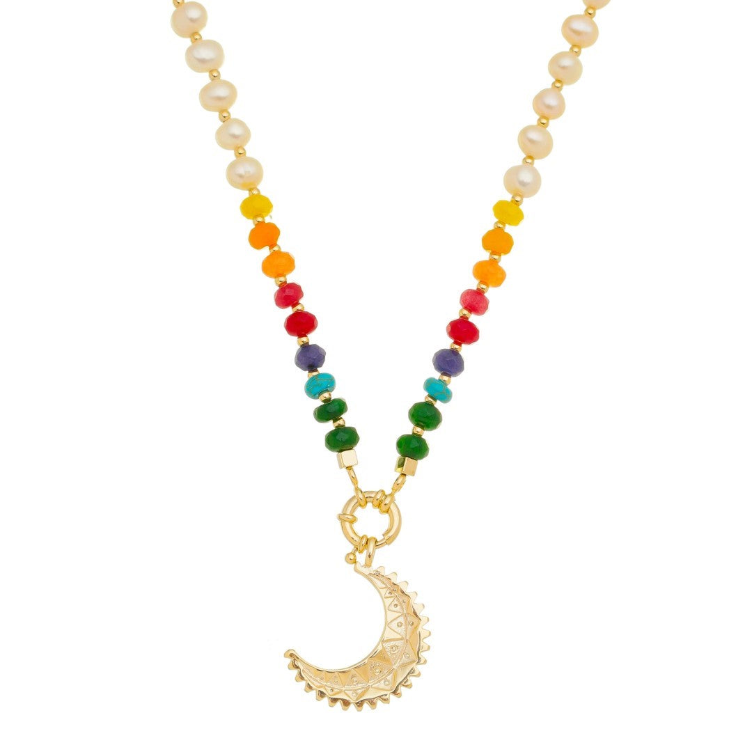 Colar Mia Lua Pérolas de Água Doce Pedras Naturais Multicoloridas Folheado a Ouro 18k