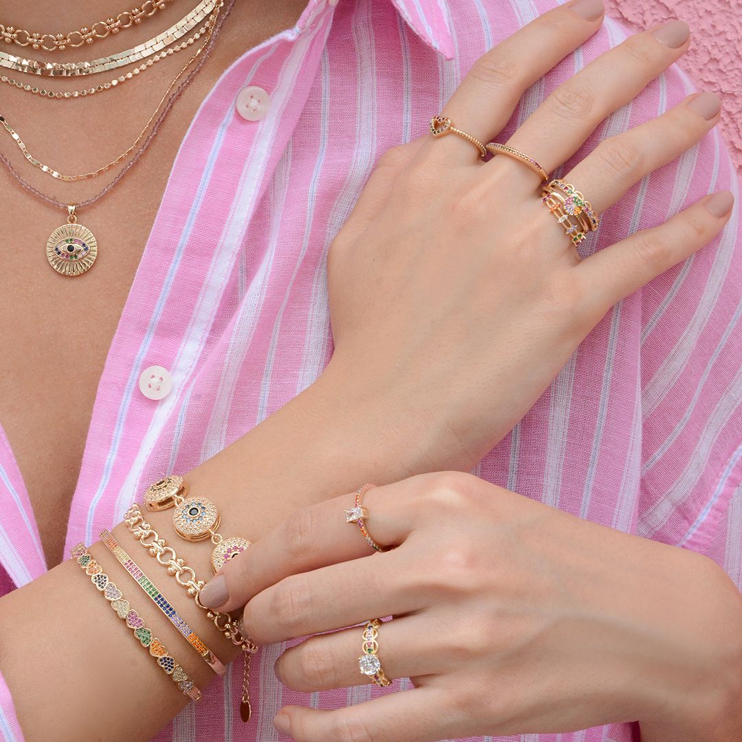 Bracelete Coração Mari Zircônias Coloridas Folheado a Ouro 18k