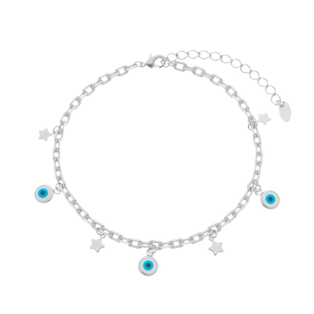 Tornozeleira Lara Olho Grego e Mini Estrelas Folheada em Ródio Branco