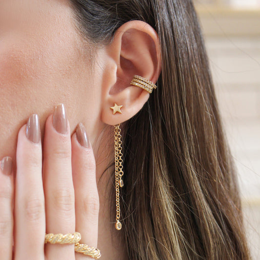 Brinco Lila Estrela Fio Zircônia Folheado a Ouro 18k