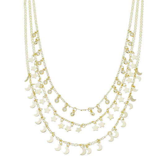 Colar 3 Voltas Estrela e Lua Carina Zircônias Folheado a Ouro 18k