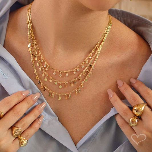 Colar 3 Voltas Estrela e Lua Carina Zircônias Folheado a Ouro 18k