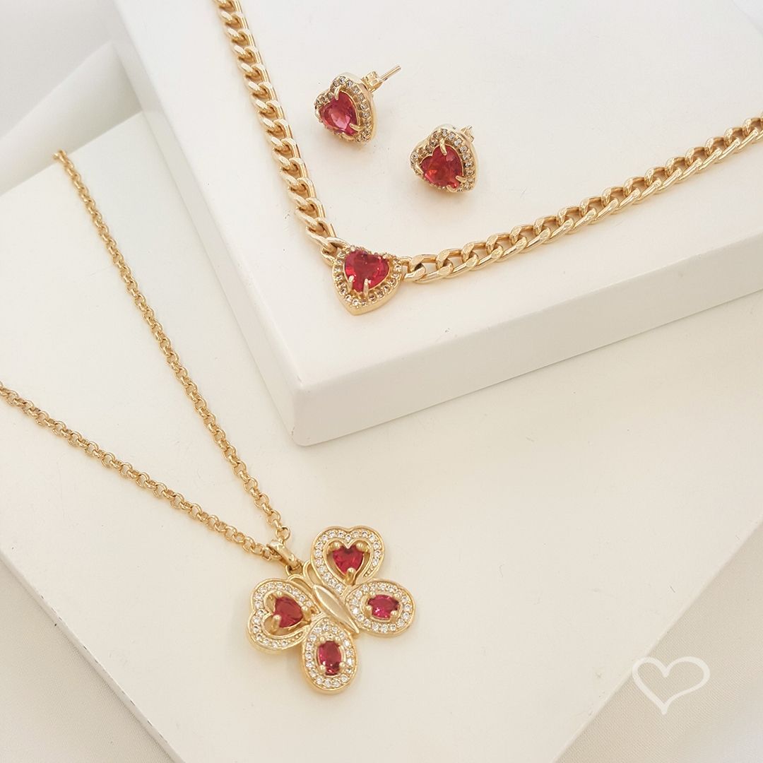 Brinco Alicia Coração Zircônia Rubelita Folheado a Ouro 18k