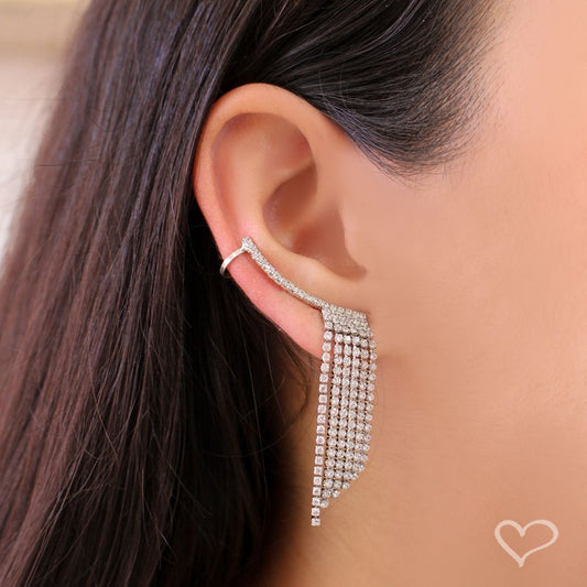 Brinco Ear Cuff Jenny Franjas Zircônias Folheado em Ródio Branco