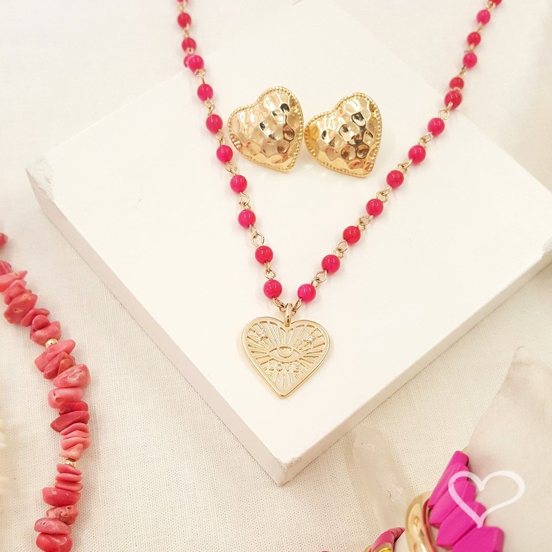 Colar Love Coração Olho Grego Zircônias Murano Pink Folheado a Ouro 18k