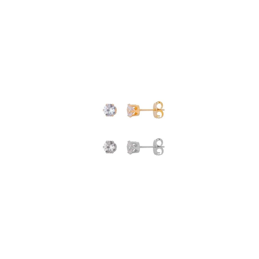 Kit 2 Brincos Liz Ponto de Luz Zircônia Folheado a Ouro 18k e Folheado em Ródio Branco