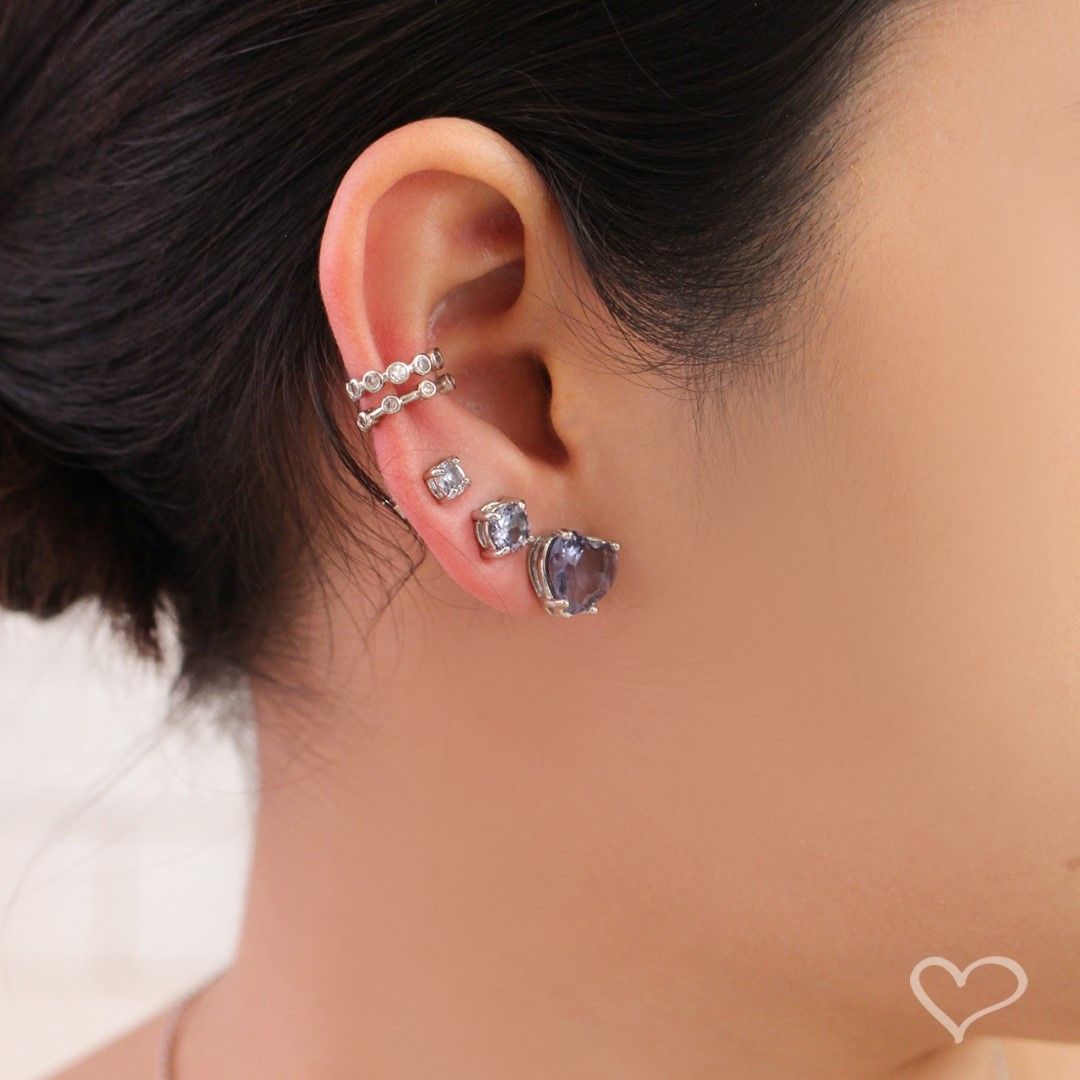 Brinco Ponto de Luz Annie P Zircônia Tanzanita Folheado em Ródio Branco