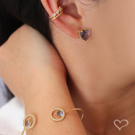 Brinco de Coração Maria Antônia Zircônia Tanzanita Folheado a Ouro 18k