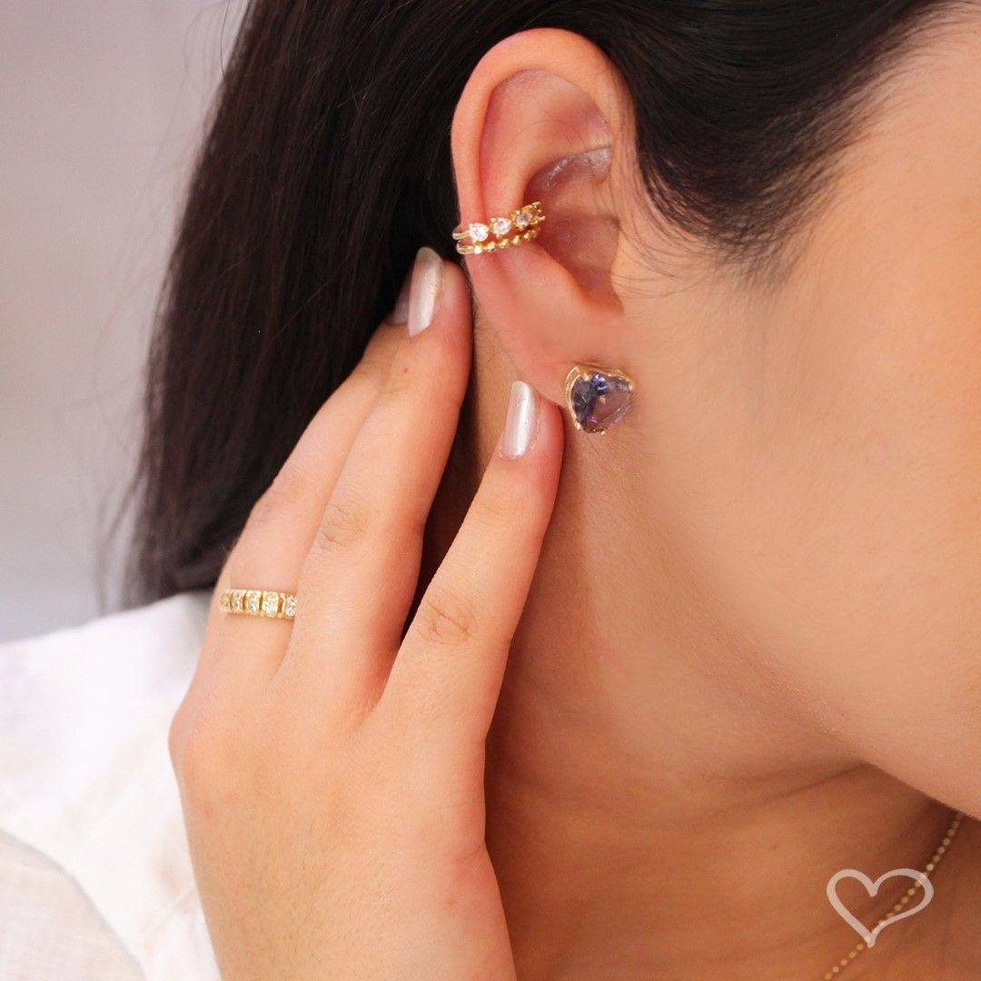 Brinco de Coração Maria Antônia Zircônia Tanzanita Folheado a Ouro 18k