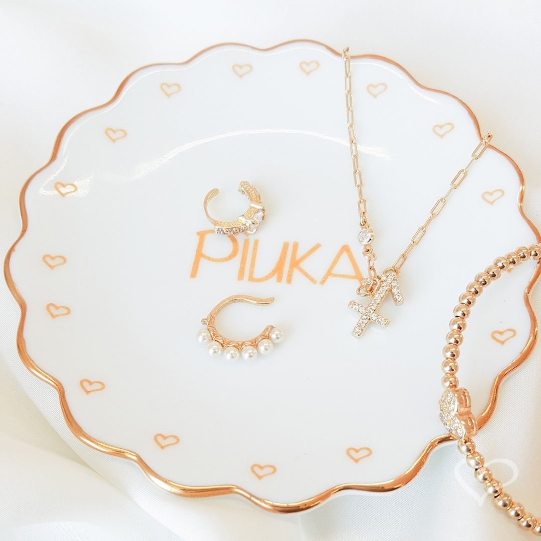 Pratinho Porta Joia do Dia Piuka Porcelana com Filete de Ouro