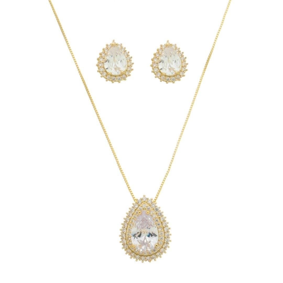 Conjunto Colar e Brinco Gota Lizzy Zircônias Folheado a Ouro 18k