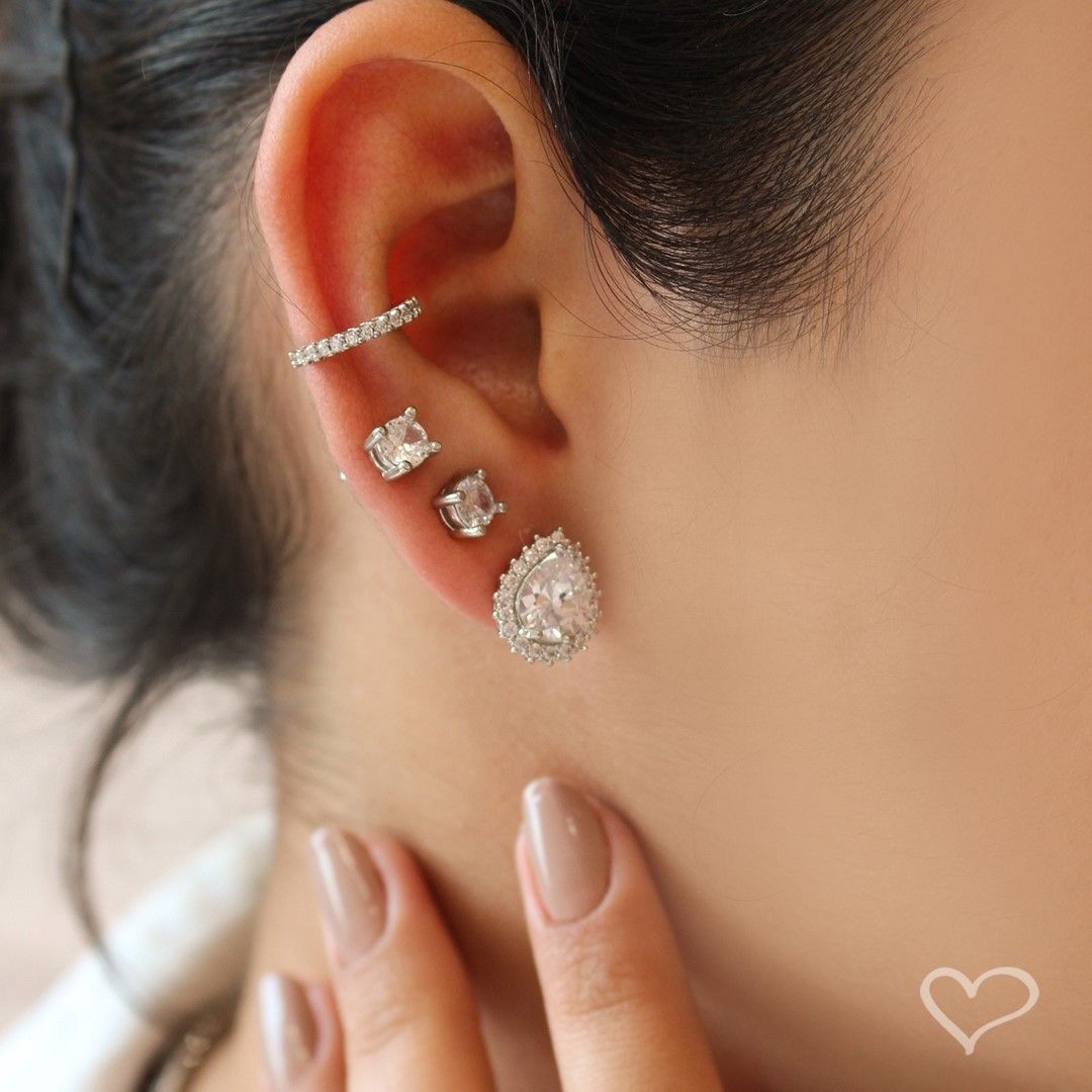 Conjunto Colar e Brinco Gota Lizzy Zircônias Folheado em Ródio Branco