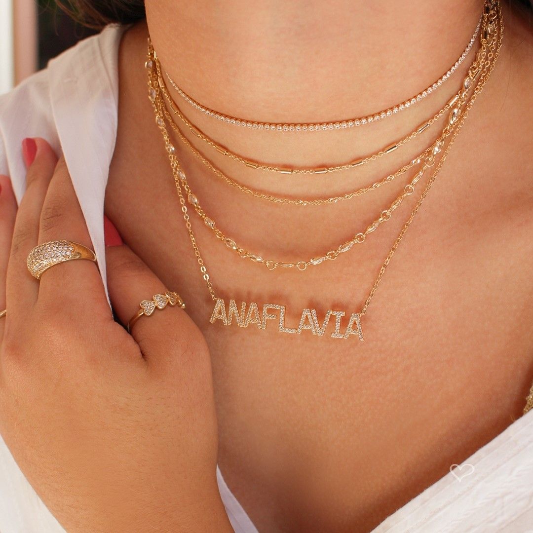Colar Personalizado Nome Cravejado Zircônias Folheado a Ouro 18k