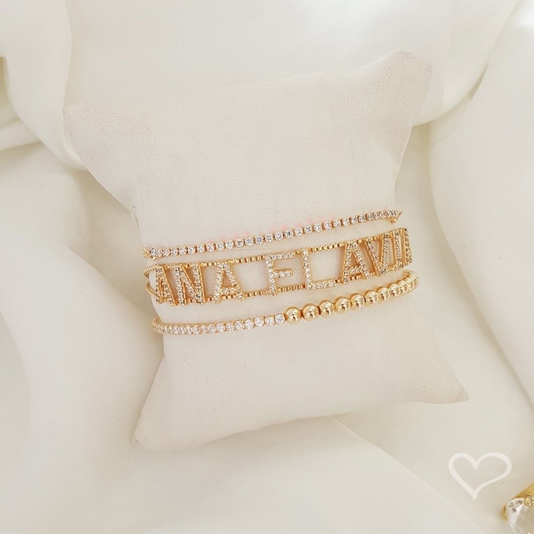 Pulseira Personalizada Nome Corrente Dupla Zircônias Folheada a Ouro 18k