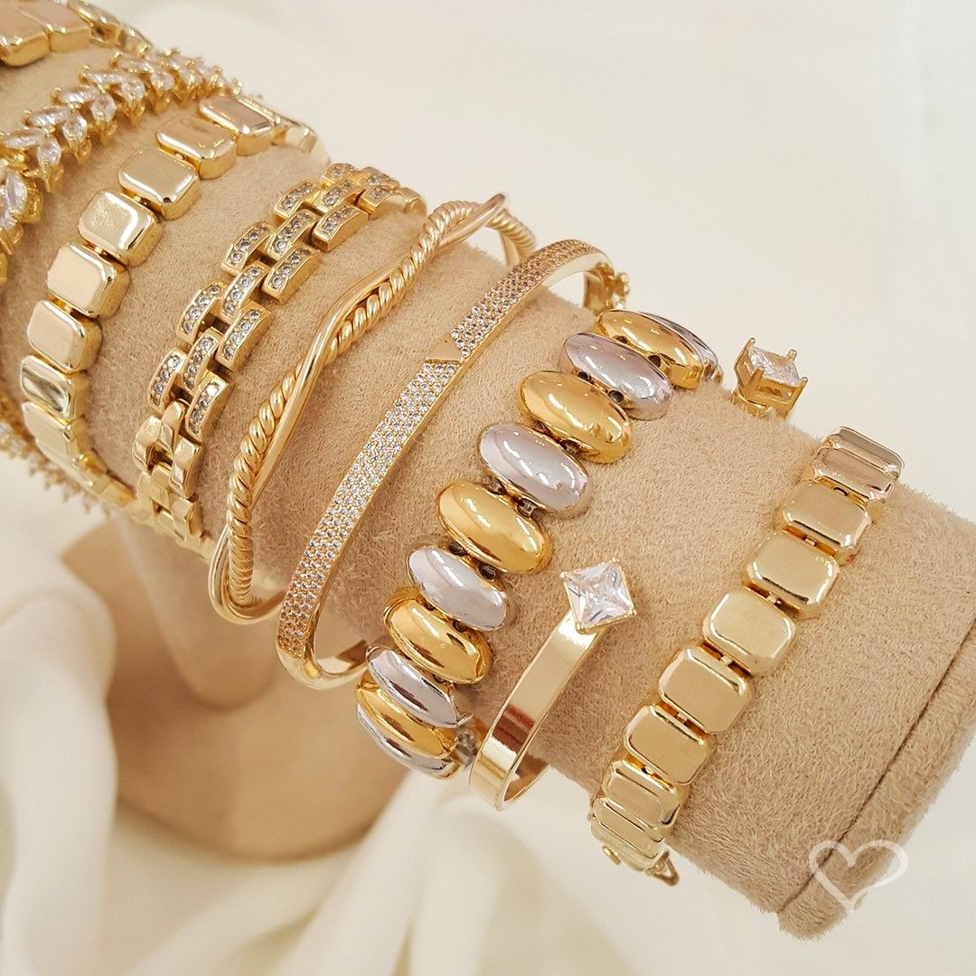 Pulseira Cleo Elos Quadrados Zircônias Folheada a Ouro 18k