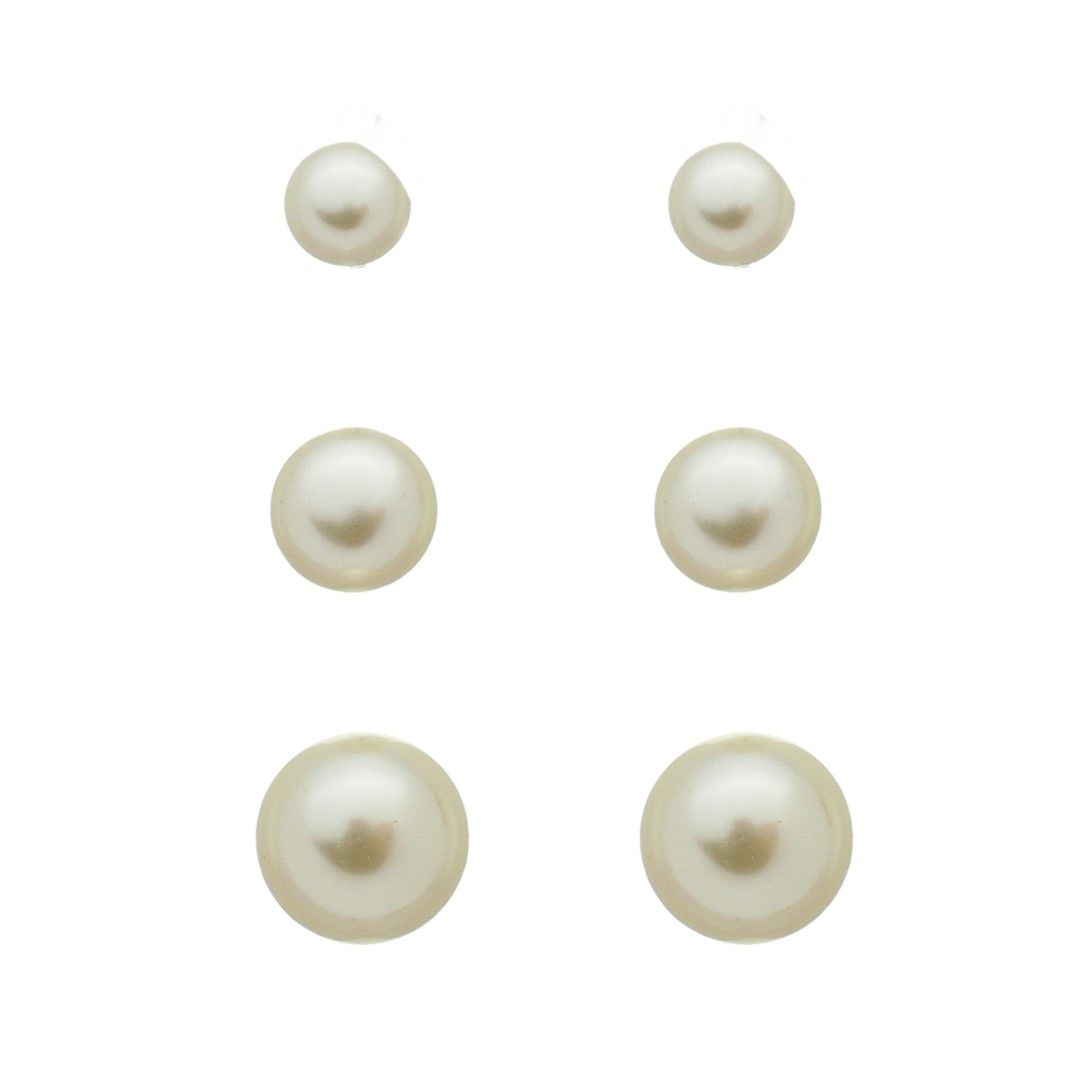 Trio de Brincos Pérolas Folheado em Ródio Branco