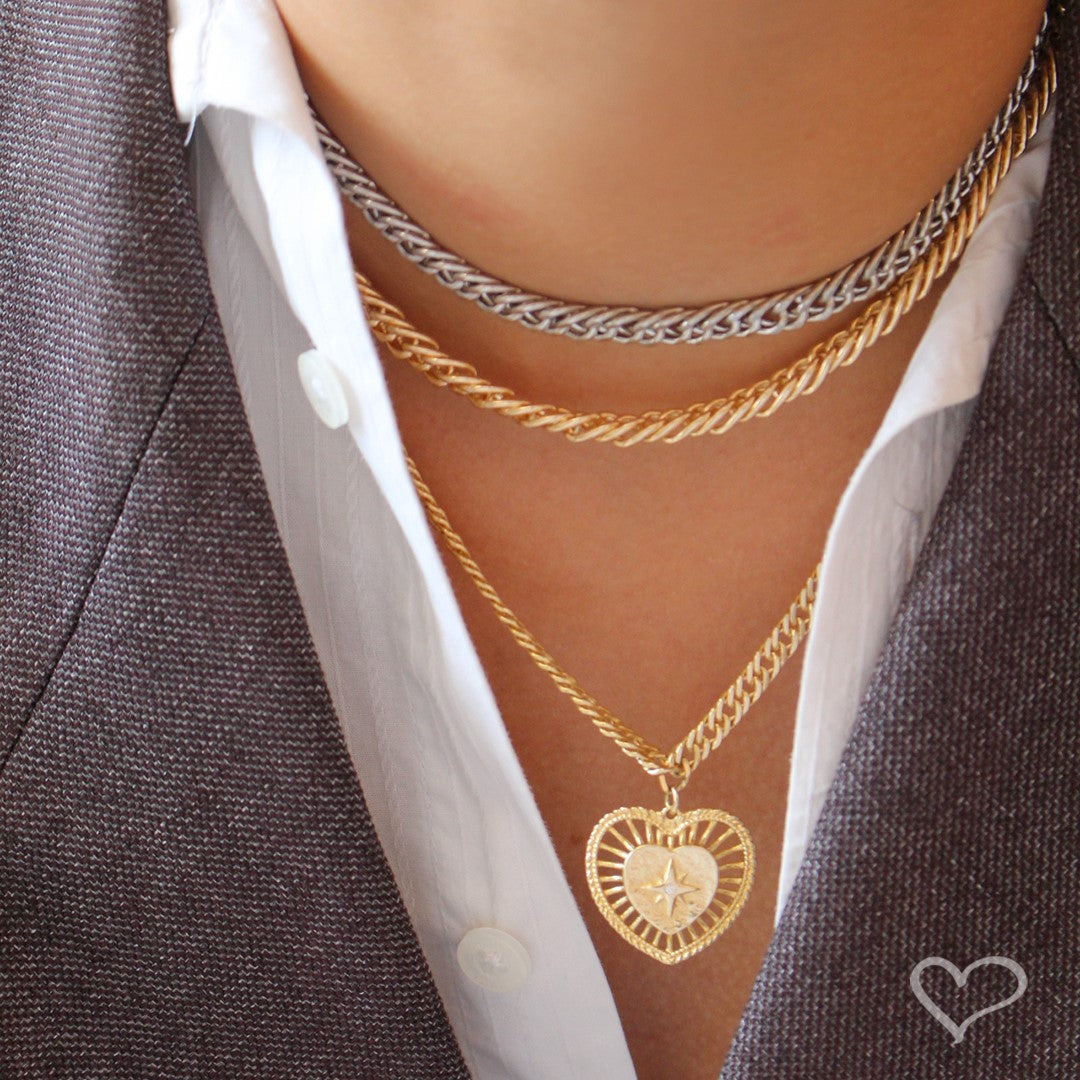 Choker Silvia 2 Voltas Malha Metal Folheada à Ouro e Folheada em Ródio Branco