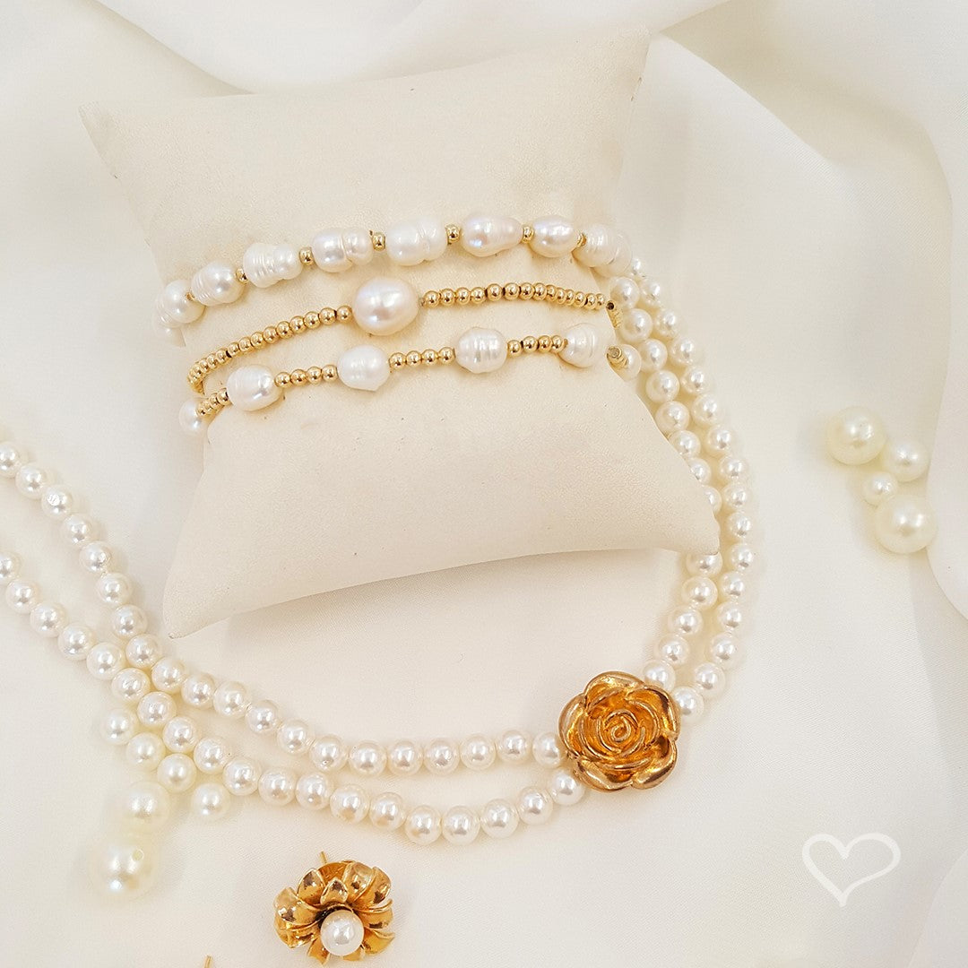 Choker Dupla Marina Pérolas Flor Folheada a Ouro 18k