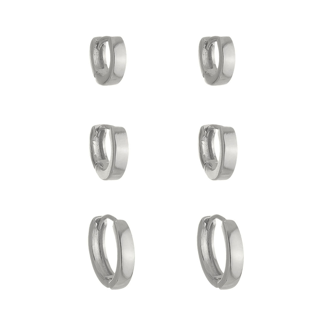 Trio de Brincos Argolinha Gaby Folheado em Ródio Branco