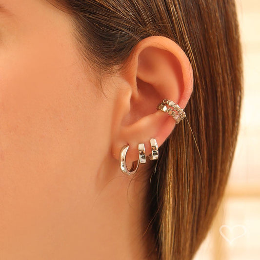 Trio de Brincos Argolinha Gaby Folheado em Ródio Branco