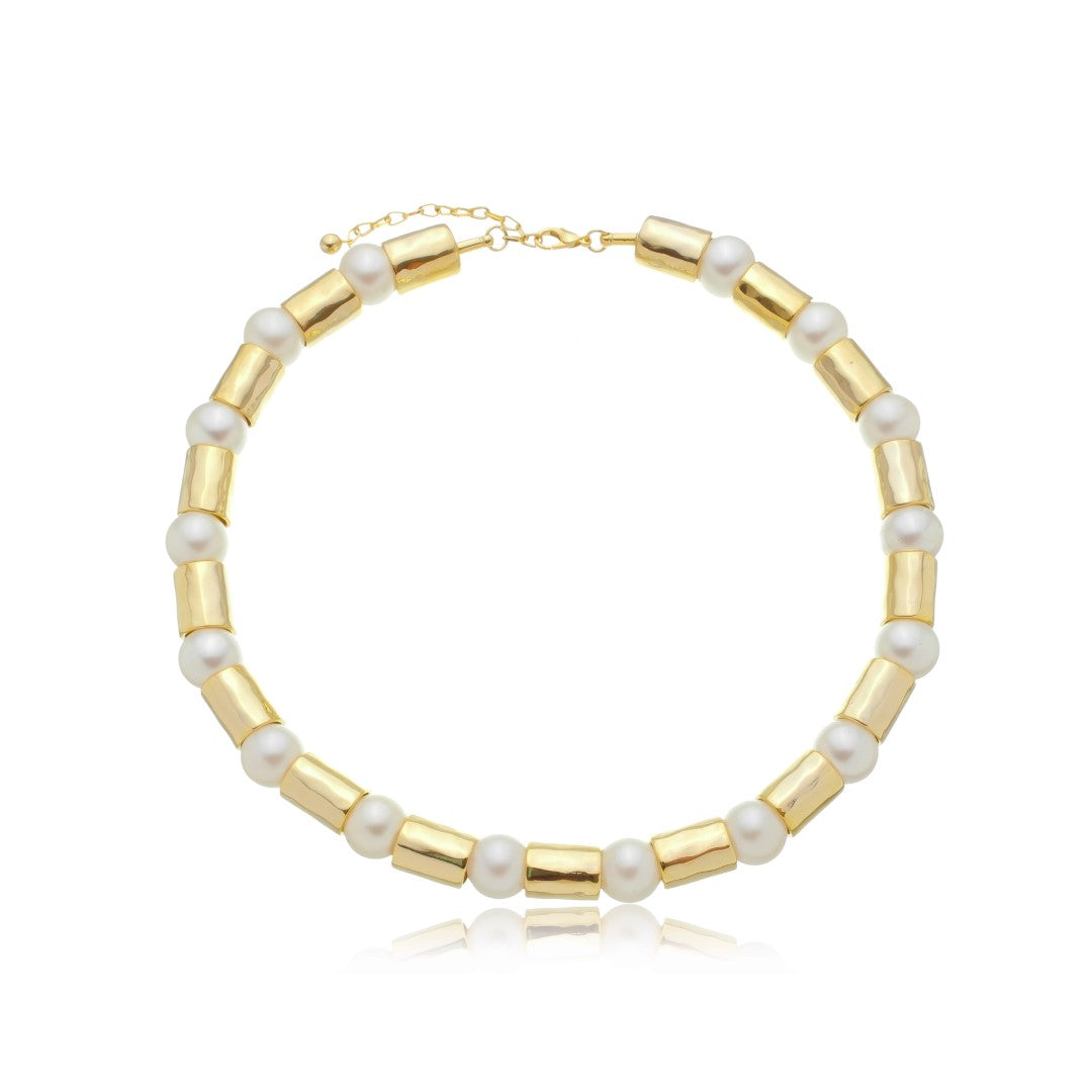 Colar Mirella Tubos e Pérolas Dourado
