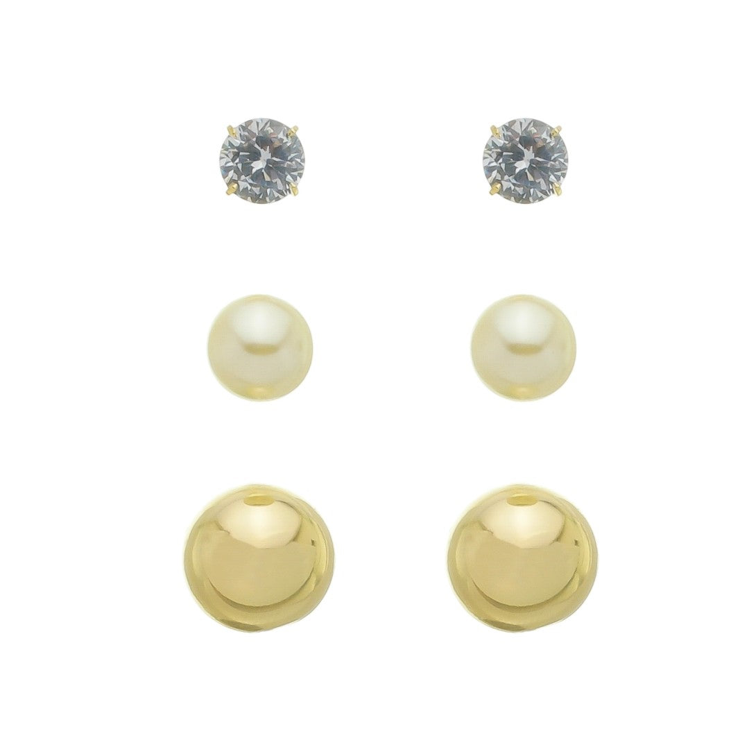 Trio de Brincos Ana Pérola e Zircônia Folheado a Ouro 18k