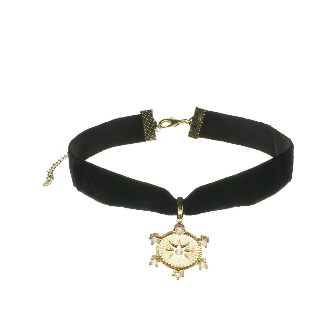 Choker Liz Veludo Preto Medalha Rosa dos Ventos Folheada a Ouro 18k
