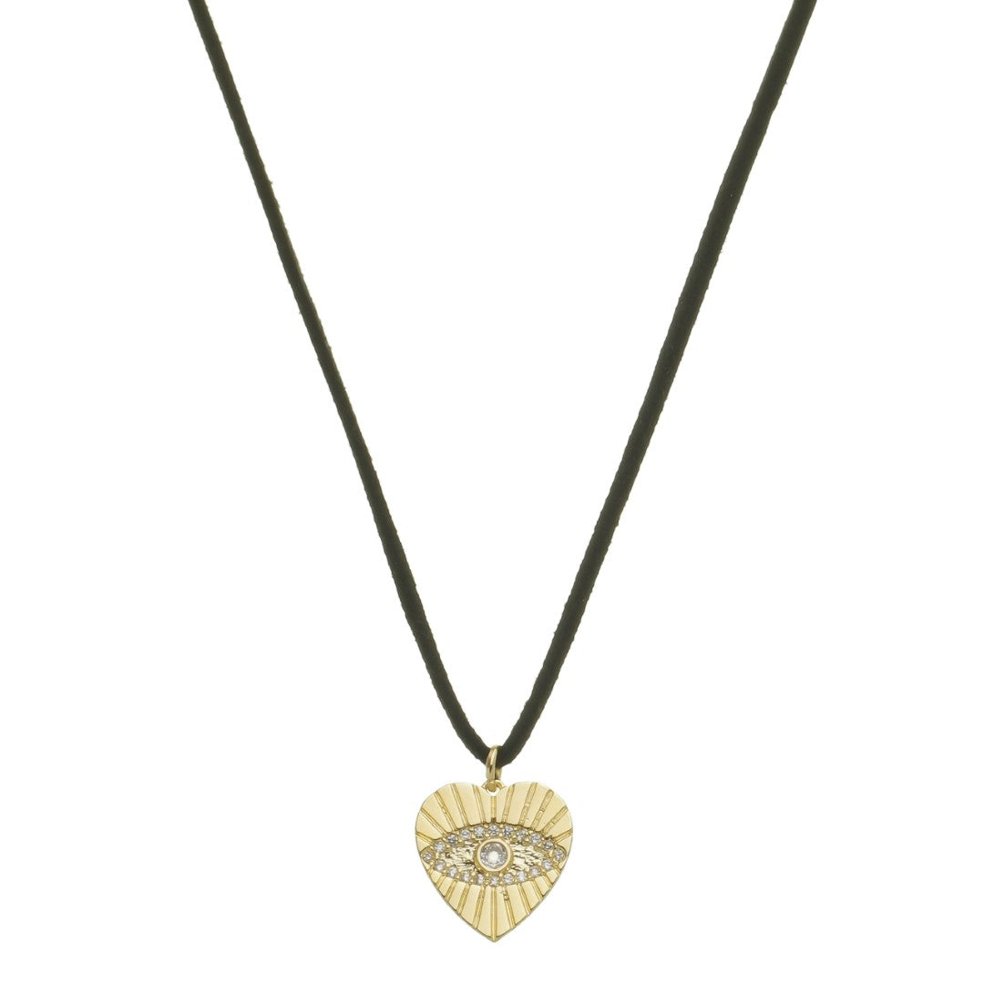 Choker Courinho Preta Agatha Coração Olho Grego Folheado a Ouro 18k