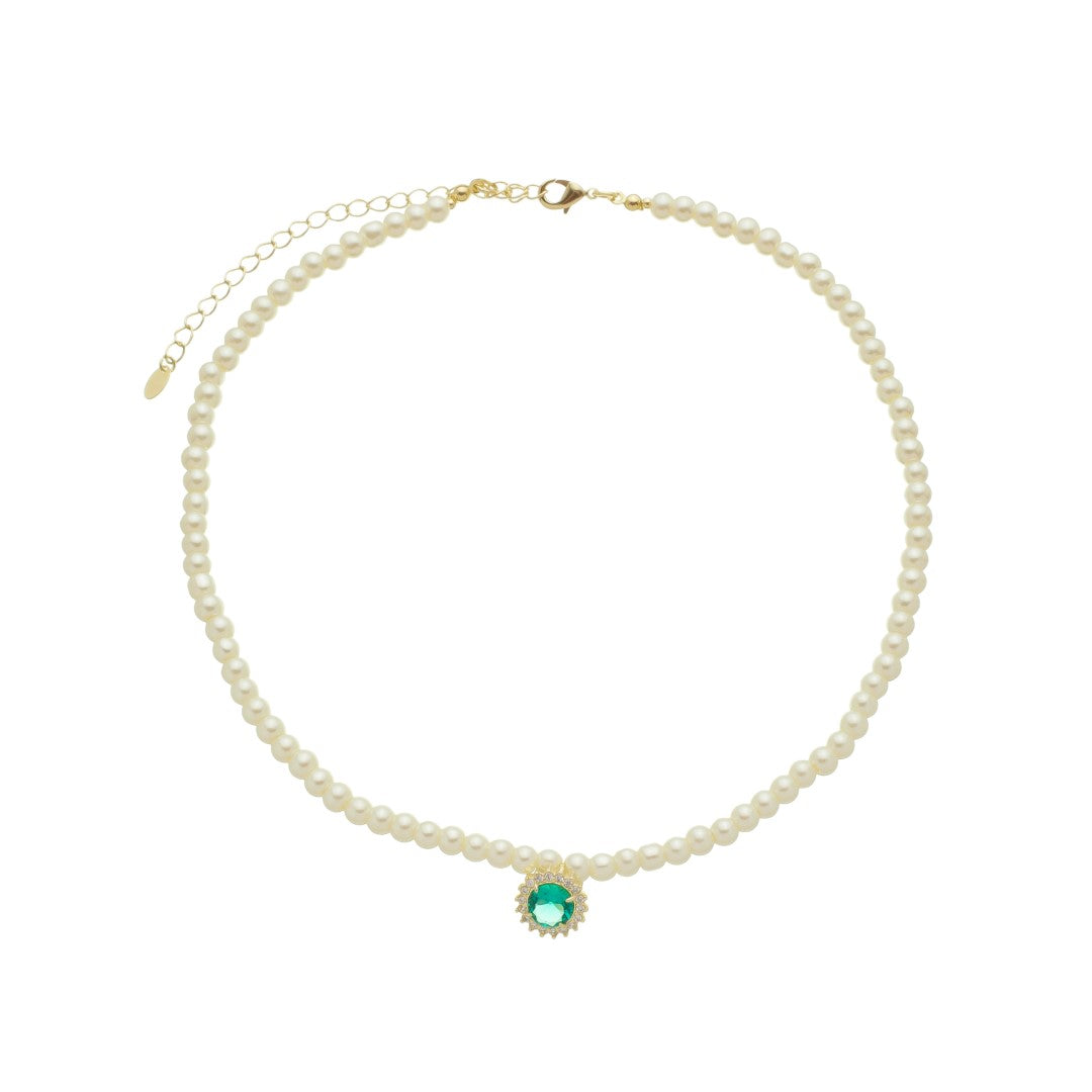 Colar de Pérolas Diana Ponto de Luz Zircônia Turmalina Folheado a Ouro 18k