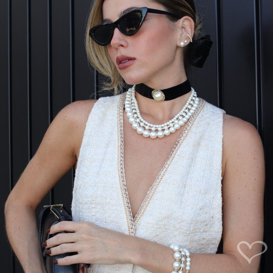 Colar de Pérolas Leonor Tubos Metal Folheado a Ouro 18k