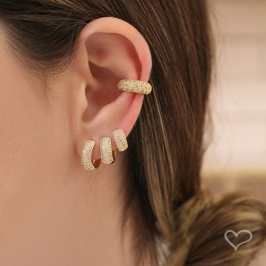 Trio de Brincos Ana Laura Zircônias Foheado a Ouro 18k