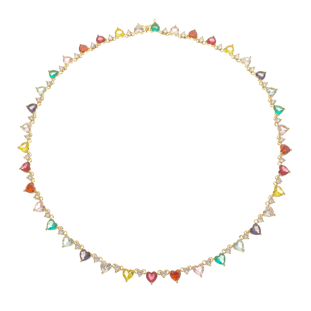 Colar Riviera Helena Coração Zircônias Coloridas Folheado a Ouro 18k