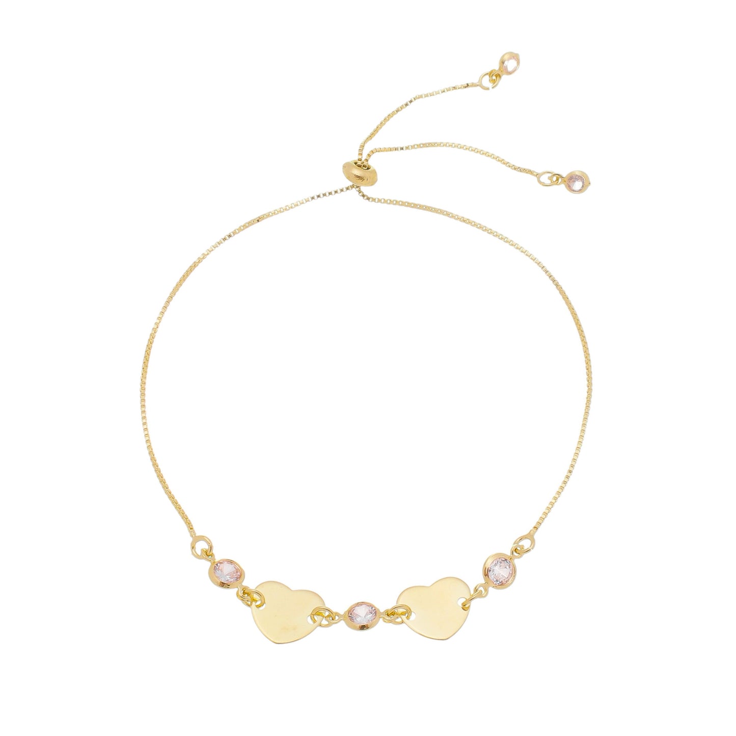 Pulseira Ajustável Hcc 2 Corações Metal Zircônias Folheada a Ouro 18k